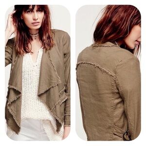 Free People Raw Femme Linen Brown Medium Waterfall Frayed Blazer Jacket Cardigan